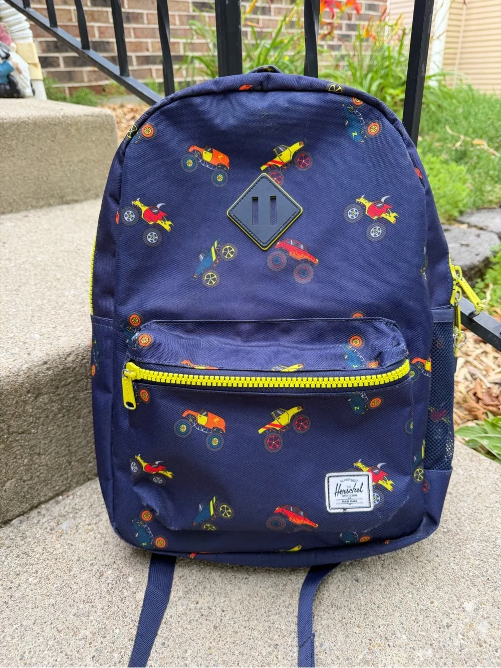 Herschel Kids' Navy Backpack with Yellow Zipper and Monster Truck Print